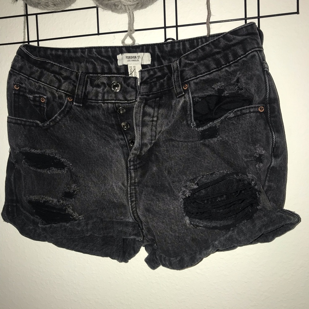 Forever21 denim jean grey washed shorts ripped size 25 button up high waist